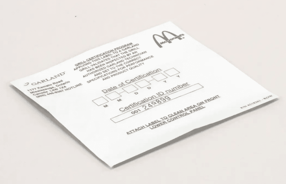 Garland 4518261 Label Cert. Row